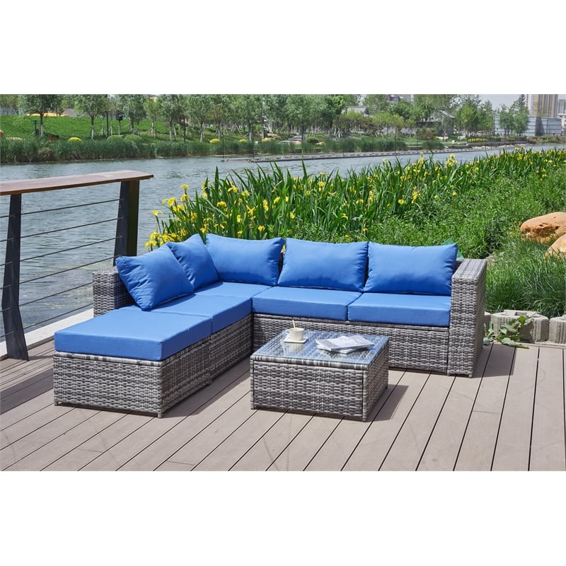 Kingway Furniture Venor Blue Wicker/Rattan Sectional with Glass top Coffee table