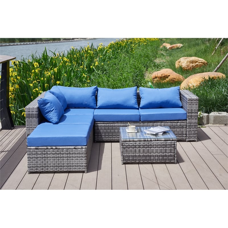 Kingway Furniture Venor Blue Wicker/Rattan Sectional with Glass top Coffee table