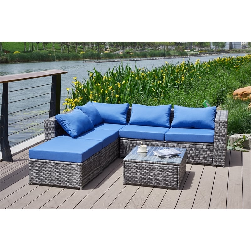 Kingway Furniture Venor Blue Wicker/Rattan Sectional with Glass top Coffee table