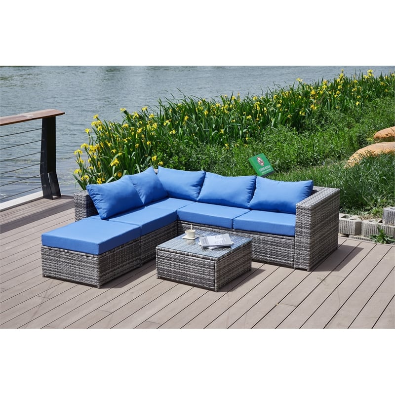 Kingway Furniture Venor Blue Wicker/Rattan Sectional with Glass top Coffee table