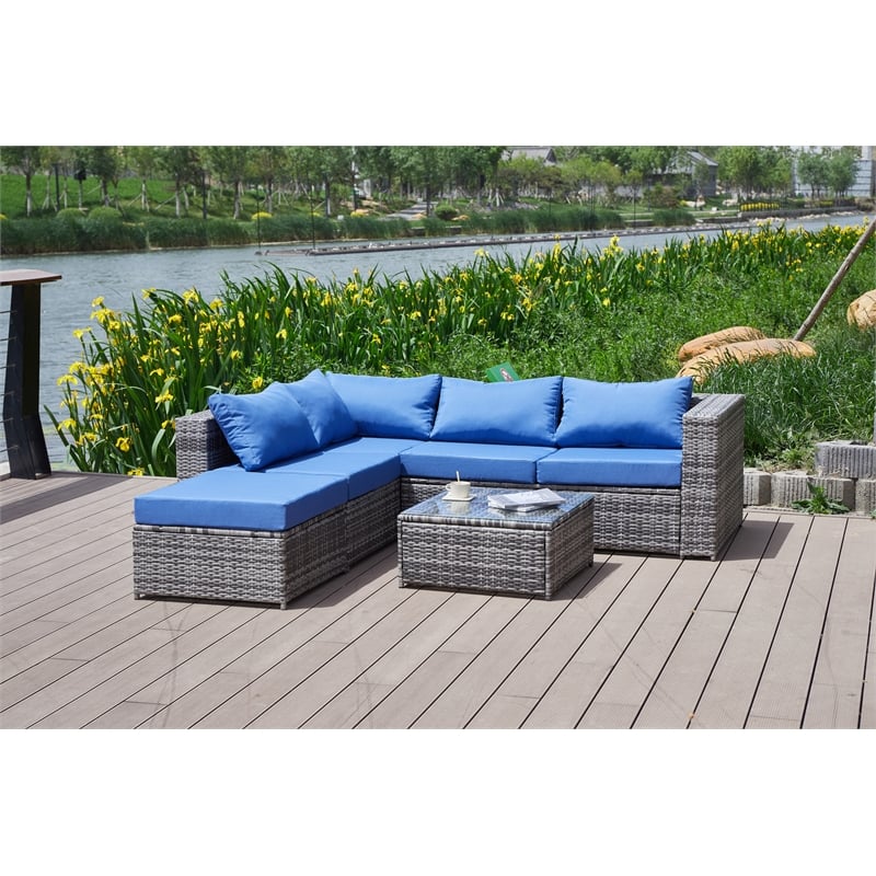 Kingway Furniture Venor Blue Wicker/Rattan Sectional with Glass top Coffee table