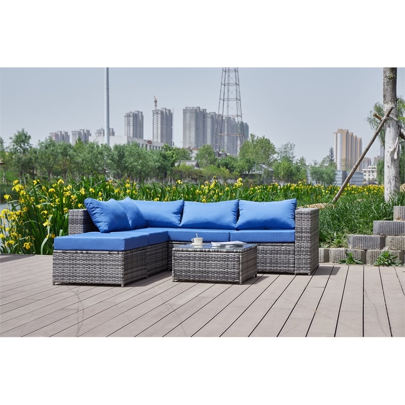 Kingway Furniture Venor Blue Wicker/Rattan Sectional with Glass top Coffee table