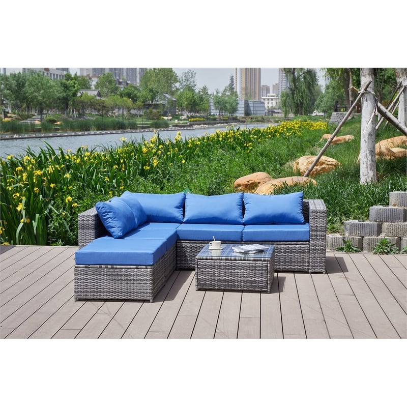 Kingway Furniture Venor Blue Wicker/Rattan Sectional with Glass top Coffee table