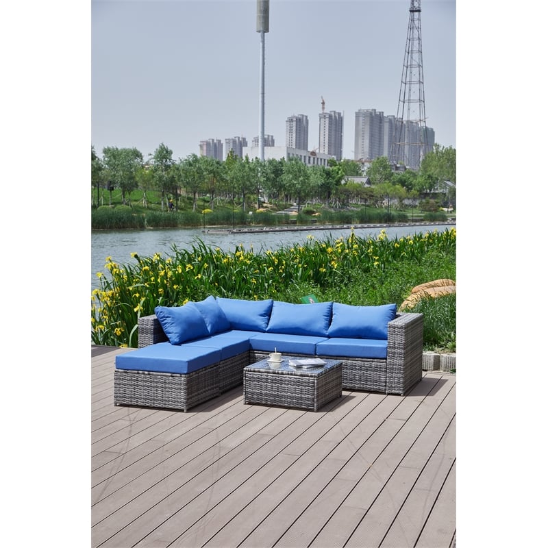 Kingway Furniture Venor Blue Wicker/Rattan Sectional with Glass top Coffee table