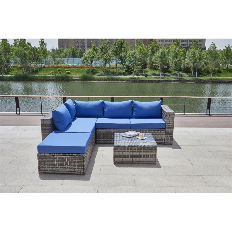 Kingway Furniture Venor Blue Wicker/Rattan Sectional with Glass top Coffee table