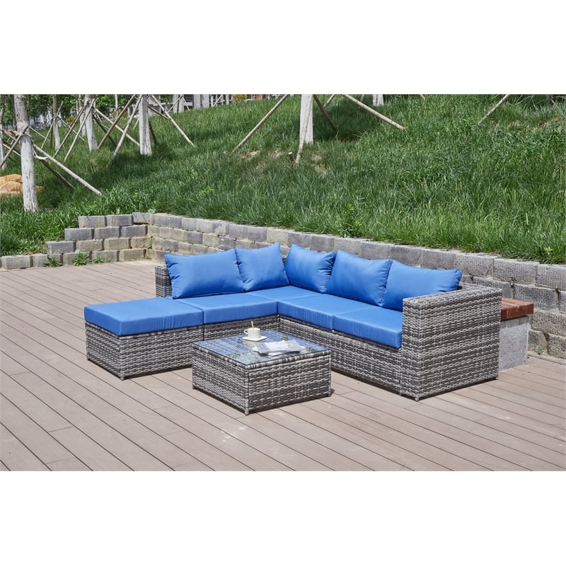 Kingway Furniture Venor Blue Wicker/Rattan Sectional with Glass top Coffee table