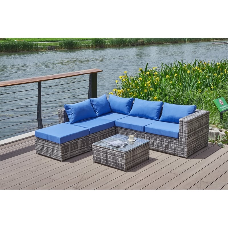 Kingway Furniture Venor Blue Wicker/Rattan Sectional with Glass top Coffee table