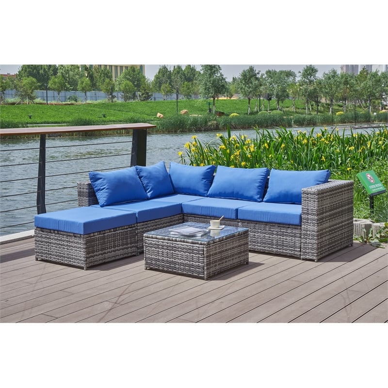 Kingway Furniture Venor Blue Wicker/Rattan Sectional with Glass top Coffee table