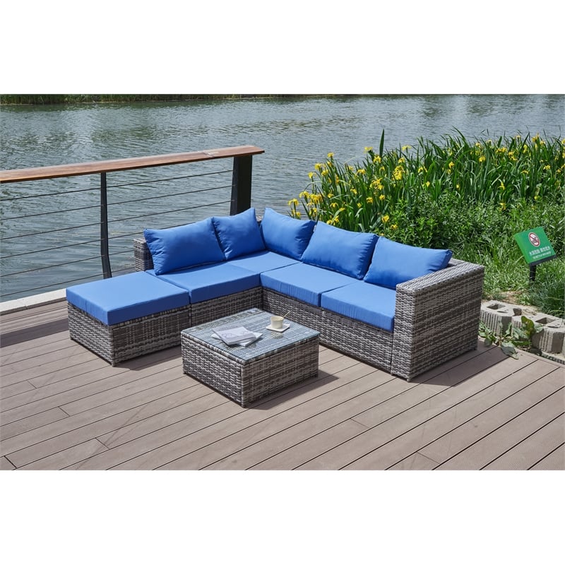 Kingway Furniture Venor Blue Wicker/Rattan Sectional with Glass top Coffee table