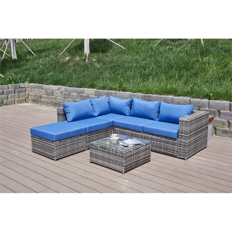 Kingway Furniture Venor Blue Wicker/Rattan Sectional with Glass top Coffee table