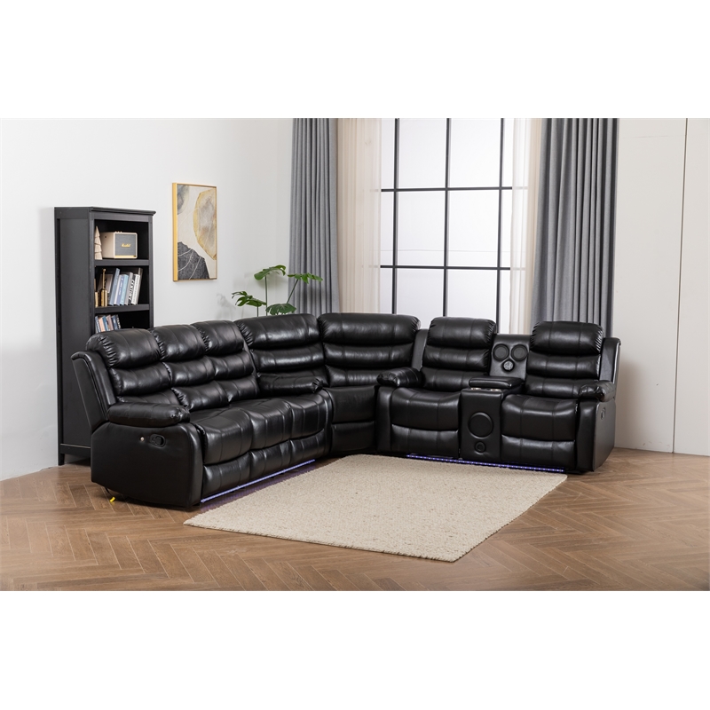 Donivi LED Faux Leather Reclining Sectional in Black