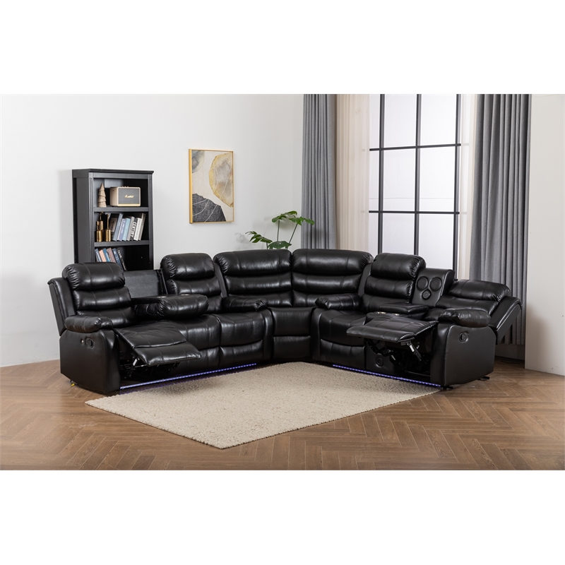 Donivi LED Faux Leather Reclining Sectional in Black