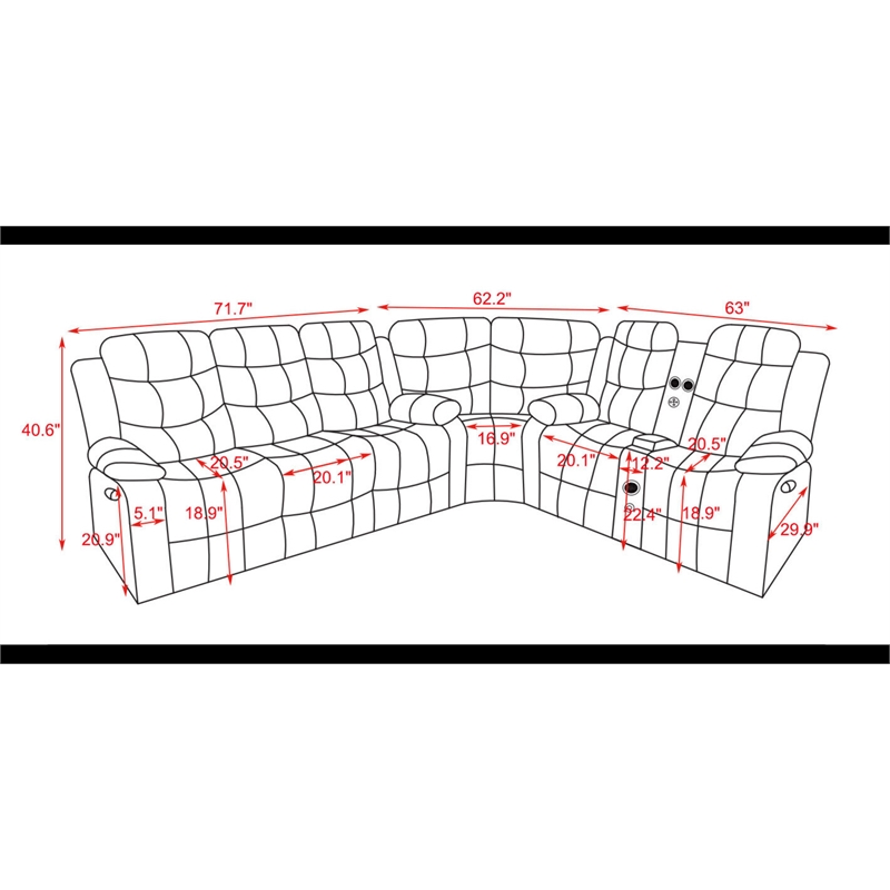 Donivi LED Faux Leather Reclining Sectional in Brown