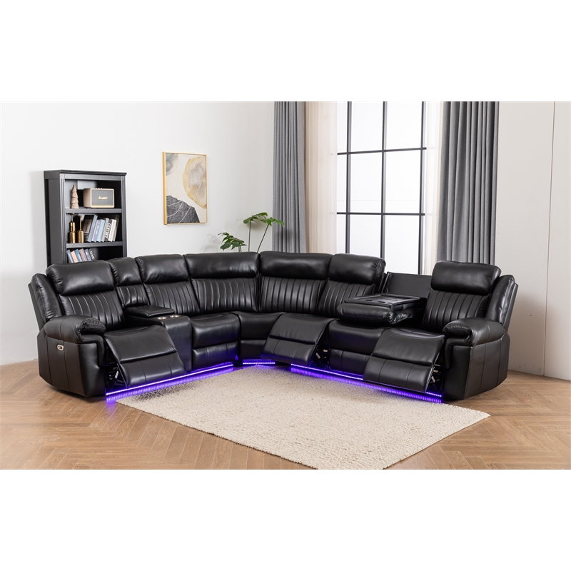 Paleremo Faux Leather Sectional with LED USB Speaker Wireless Charger in Black