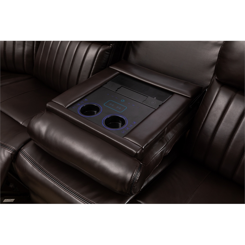 Paleremo Faux Leather Sectional with LED USB Speaker Wireless Charger in Brown