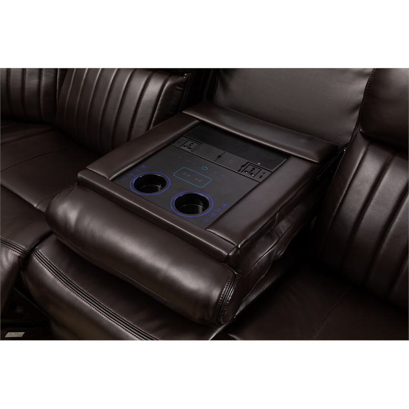 Paleremo Faux Leather Sectional with LED USB Speaker Wireless Charger in Brown