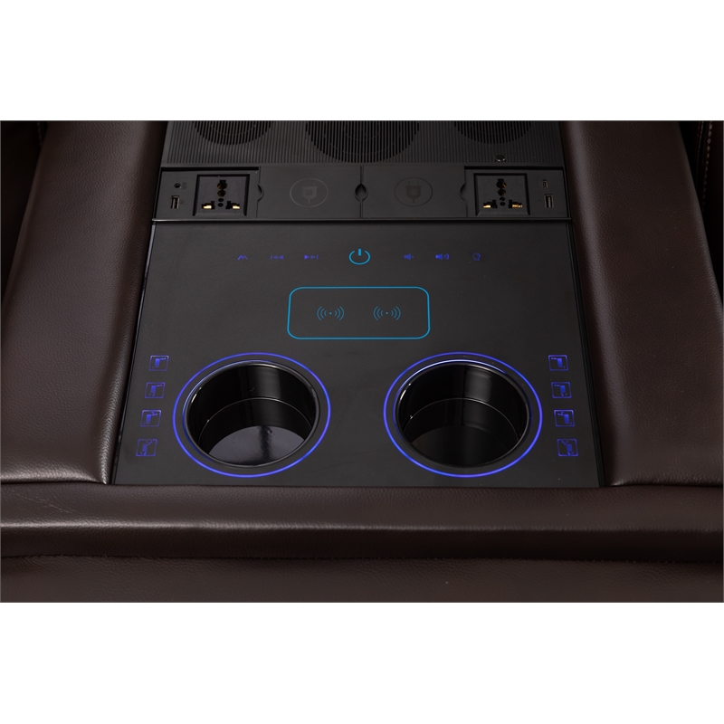 Paleremo Faux Leather Sectional with LED USB Speaker Wireless Charger in Brown