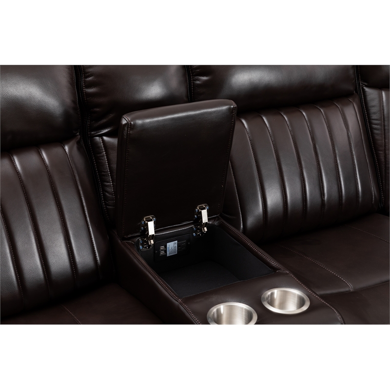 Paleremo Faux Leather Sectional with LED USB Speaker Wireless Charger in Brown