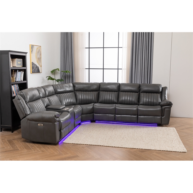 Paleremo Faux Leather Sectional with LED USB Speaker Wireless Charger in Gray