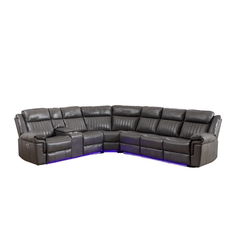 Paleremo Faux Leather Sectional with LED USB Speaker Wireless Charger in Gray