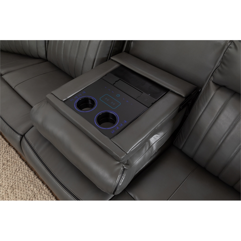 Paleremo Faux Leather Sectional with LED USB Speaker Wireless Charger in Gray