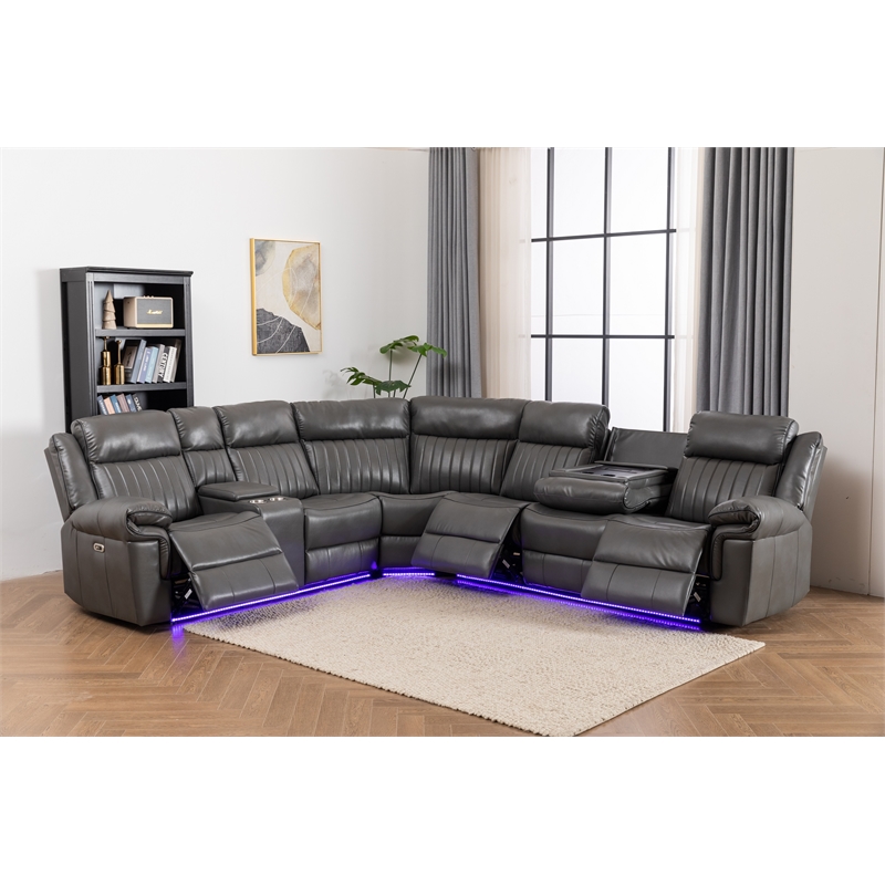 Paleremo Faux Leather Sectional with LED USB Speaker Wireless Charger in Gray