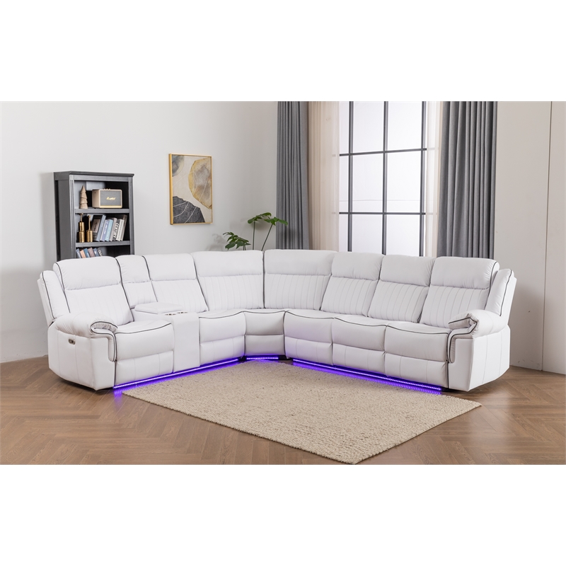 Paleremo Faux Leather Sectional with LED USB Speaker Wireless Charger in White