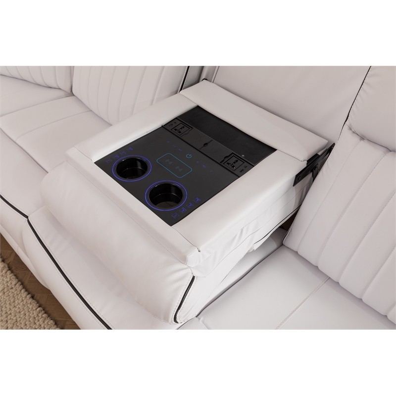 Paleremo Faux Leather Sectional with LED USB Speaker Wireless Charger in White