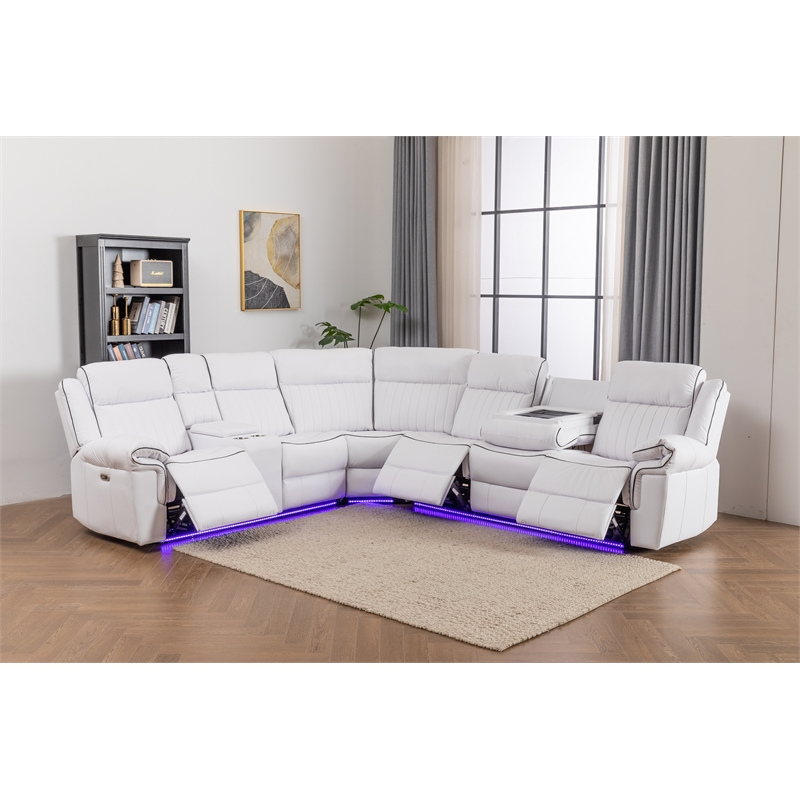 Paleremo Faux Leather Sectional with LED USB Speaker Wireless Charger in White