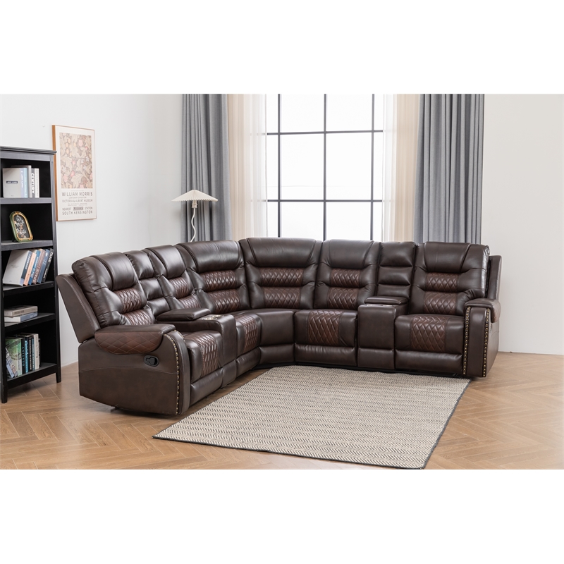 Ilia Two Tone Faux Leather Power Reclining Sectional with Console  & Cup Holder