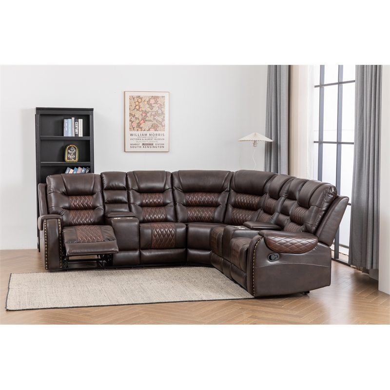 Ilia Two Tone Faux Leather Power Reclining Sectional with Console  & Cup Holder