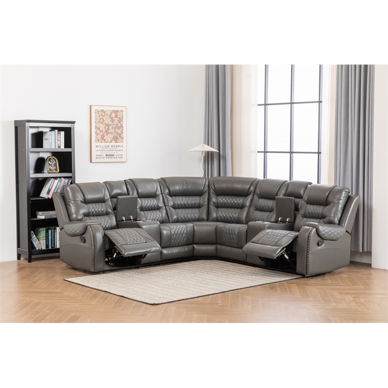 Ilia Two Tone Faux Leather Power Reclining Sectional with Console  & Cup Holder