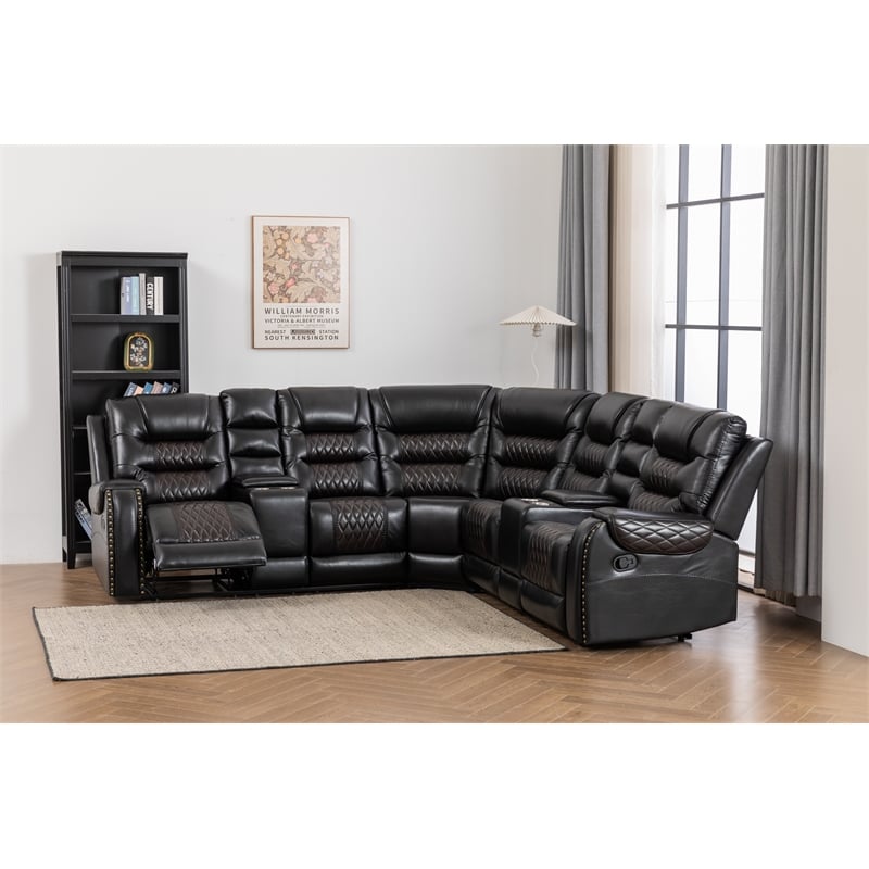 Ilia Two Tone Faux Leather Reclining Sectional with Console  & Cup Holder