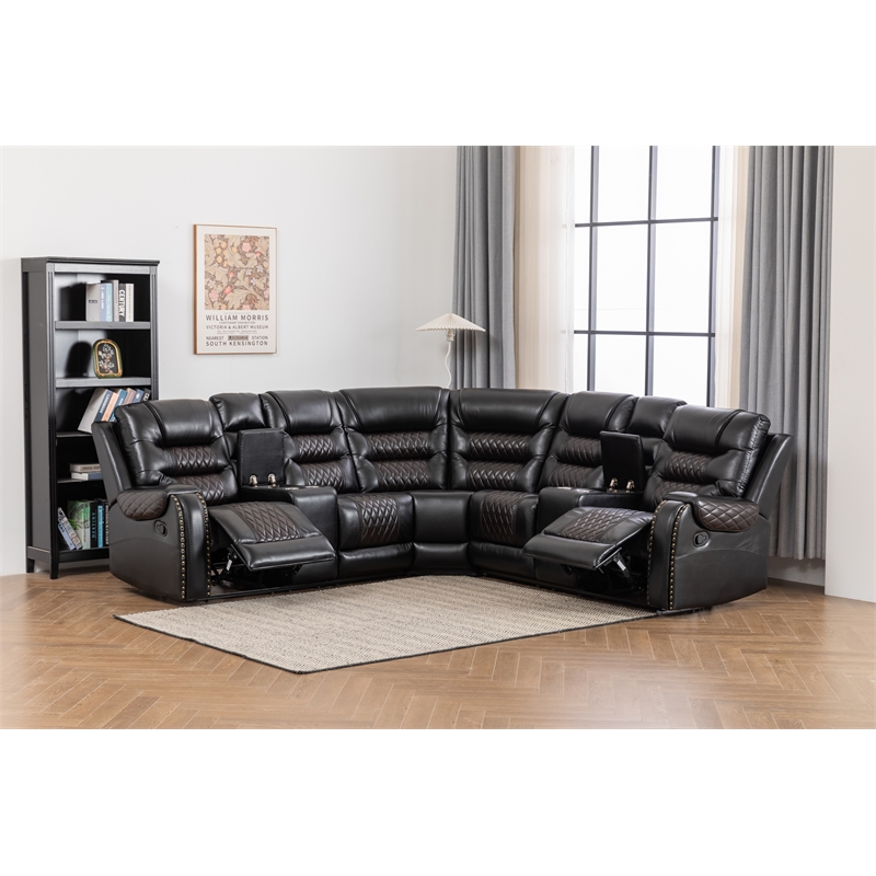 Ilia Two Tone Faux Leather Reclining Sectional with Console  & Cup Holder