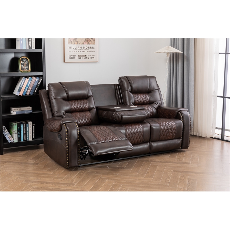 Ilyiano Two Tone Faux Leather Livingroom Reclining Sofa In Brown