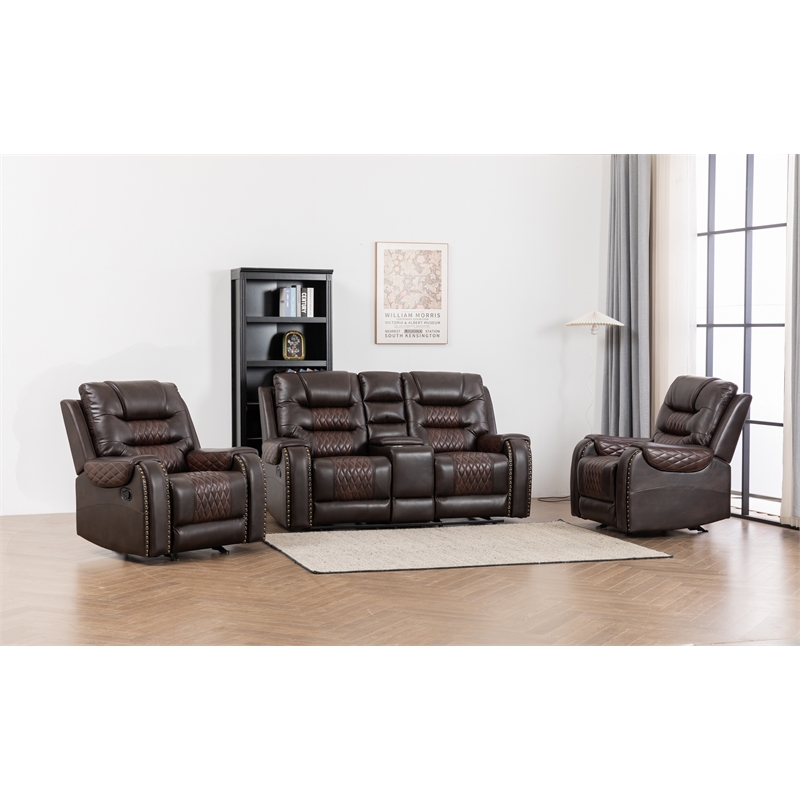 Ilyiano Two Tone Faux Leather 3-Piece Livingroom Reclining Set In Brown