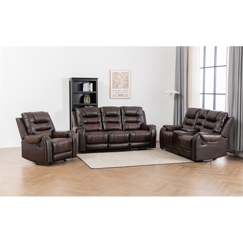 Ilyiano Two Tone Faux Leather 3-PC Livingroom Reclining Set In Brown
