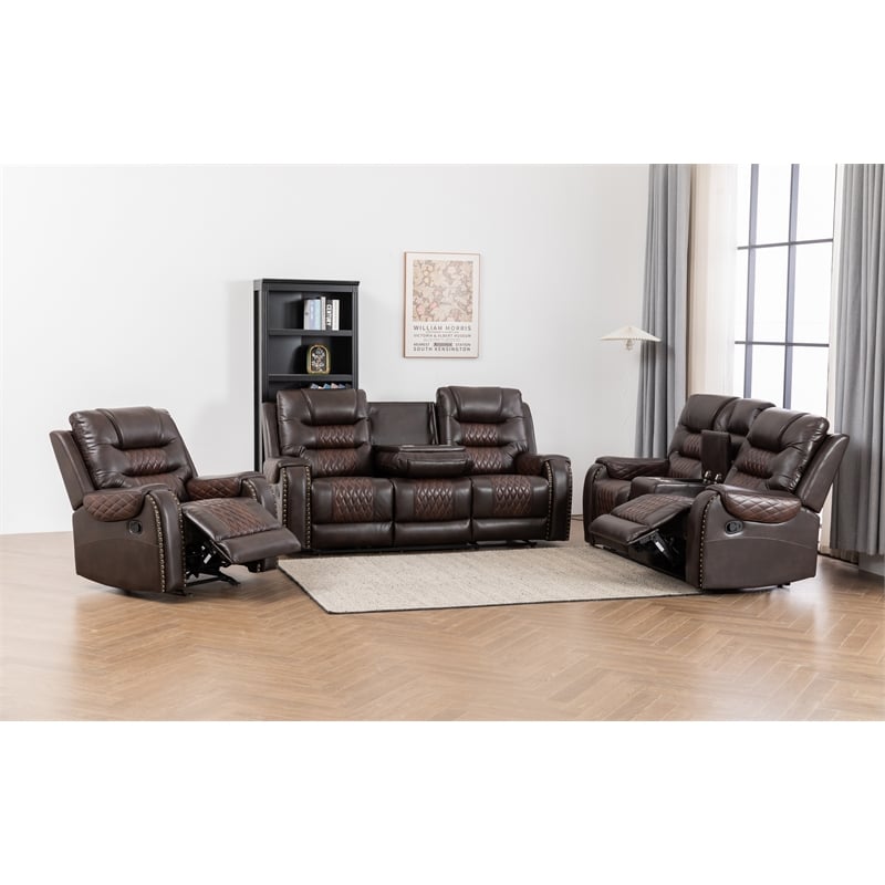 Ilyiano Two Tone Faux Leather 3-PC Livingroom Reclining Set In Brown