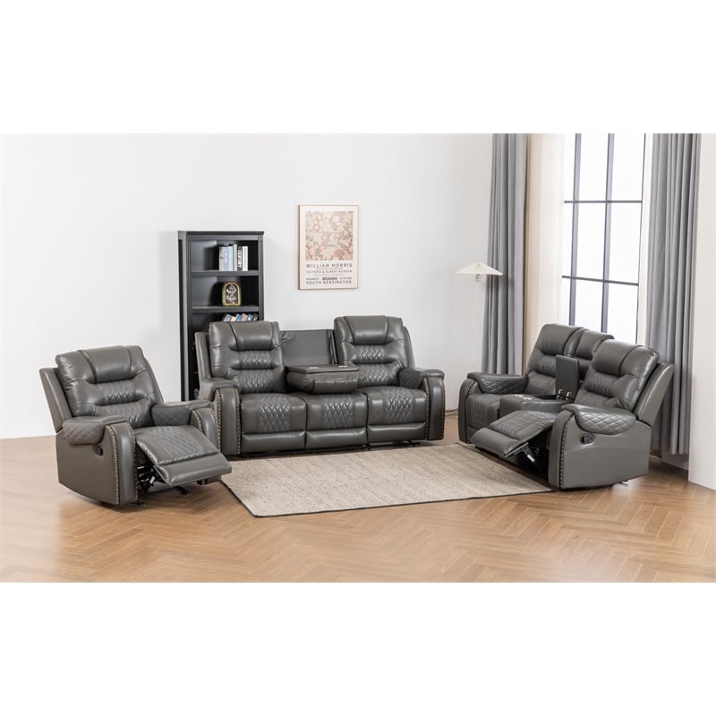Ilyiano Two Tone Faux Leather 3-PC Livingroom Reclining Set In Gray