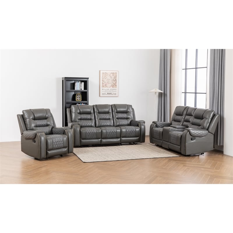 Ilyiano Two Tone Faux Leather 3-PC Livingroom Reclining Set In Gray
