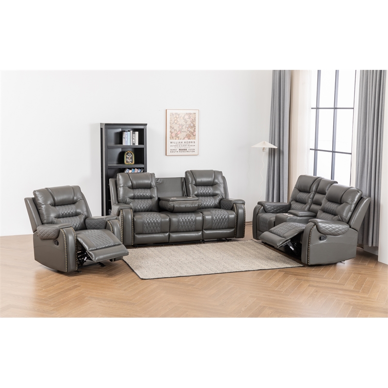 Ilyiano Two Tone Faux Leather 3-PC Livingroom Reclining Set In Gray