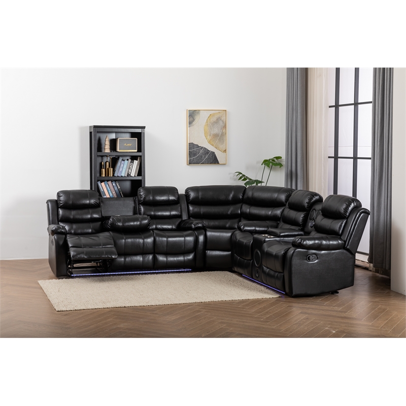 Dexoni LED Faux Leather Reclining Sectional in Black