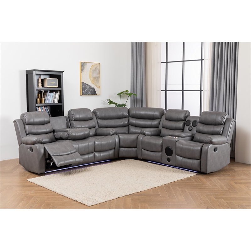 Dexoni LED Faux Leather Reclining Sectional in Gray
