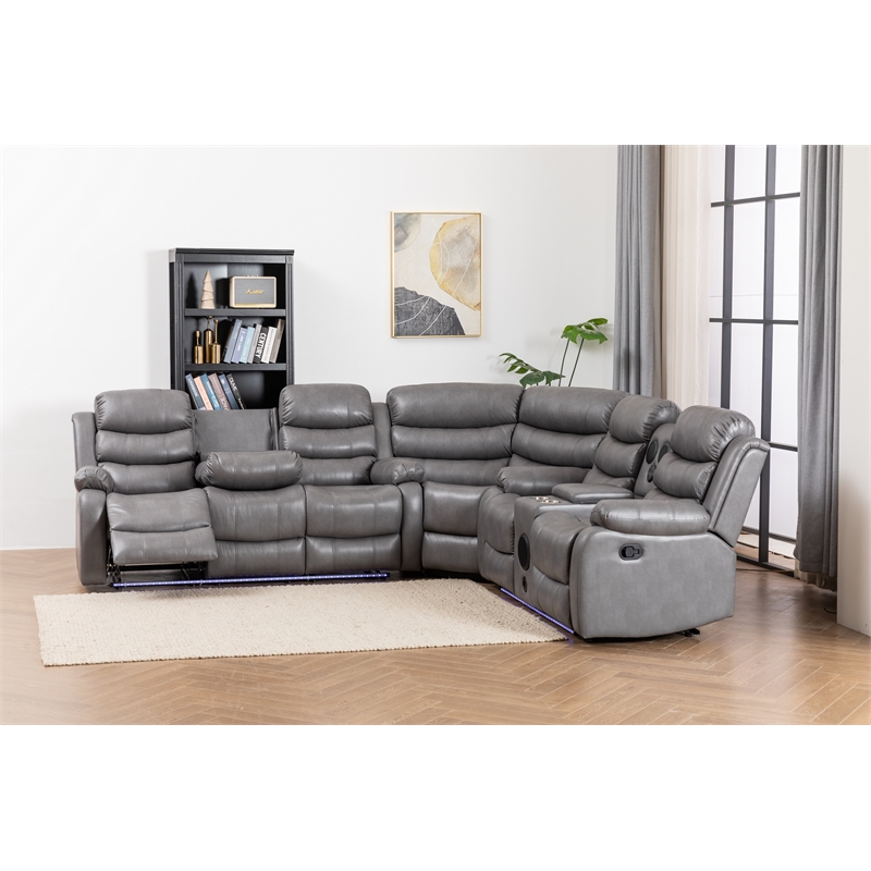 Dexoni LED Faux Leather Reclining Sectional in Gray