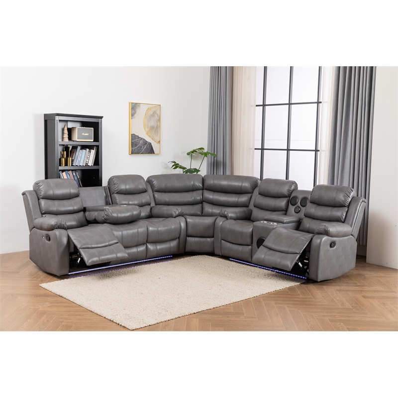 Dexoni LED Faux Leather Reclining Sectional in Gray