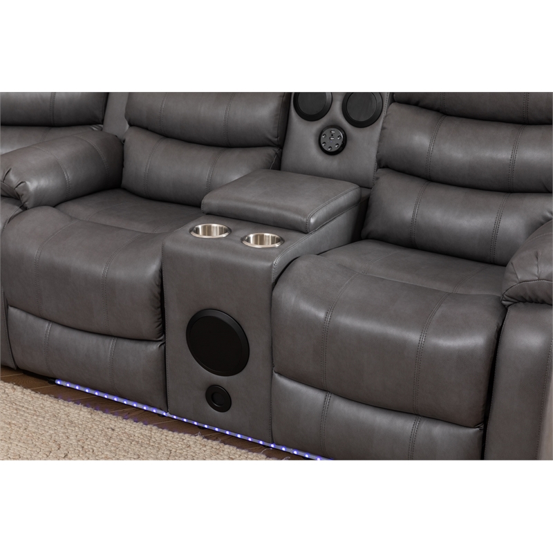 Dexoni LED Faux Leather Reclining Sectional in Gray