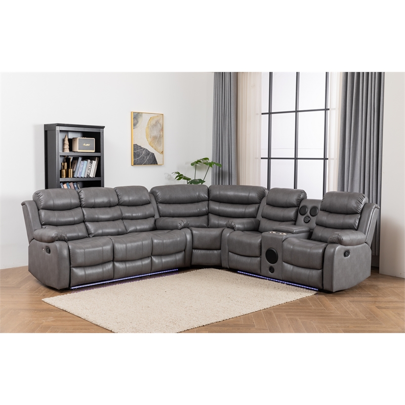 Dexoni LED Faux Leather Reclining Sectional in Gray