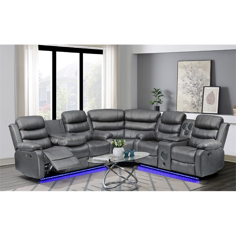 Dexoni LED Faux Leather Reclining Sectional in Gray