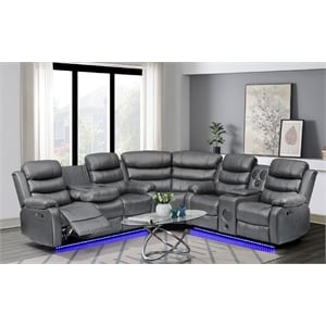 Dexoni LED Faux Leather Reclining Sectional in Gray