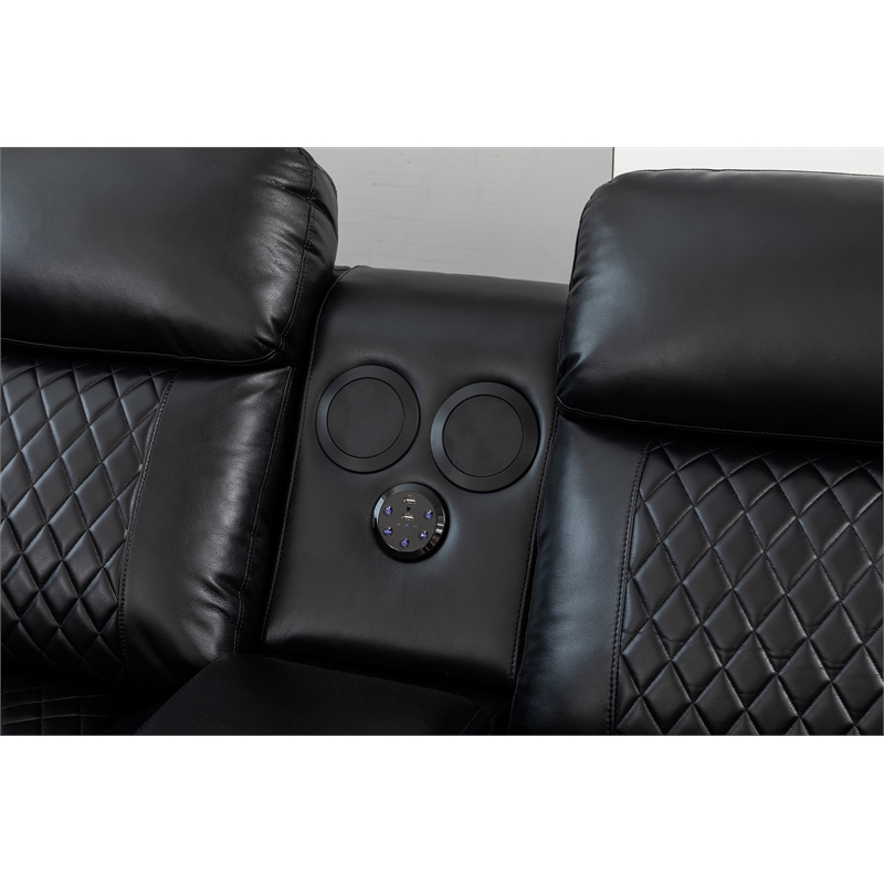 Hathrone Faux Leather Power Reclining Sectional LED USB and SubWoofer In Black
